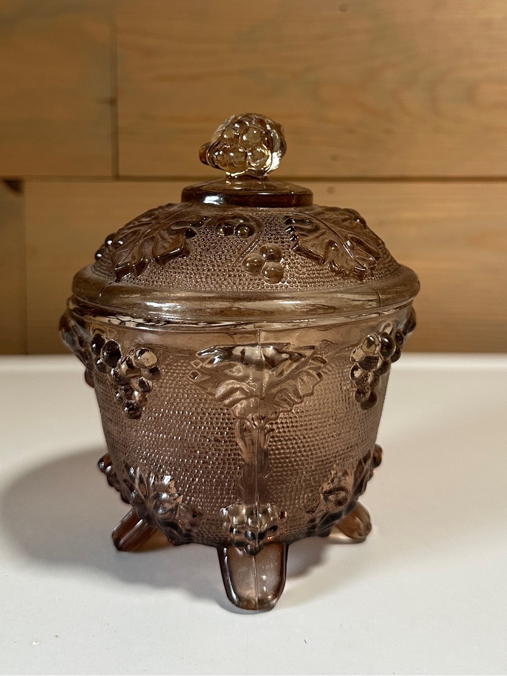 Vintage Jeanette Amberina Harvest Grape Pattern Pressed Glass Covered Candy Dish